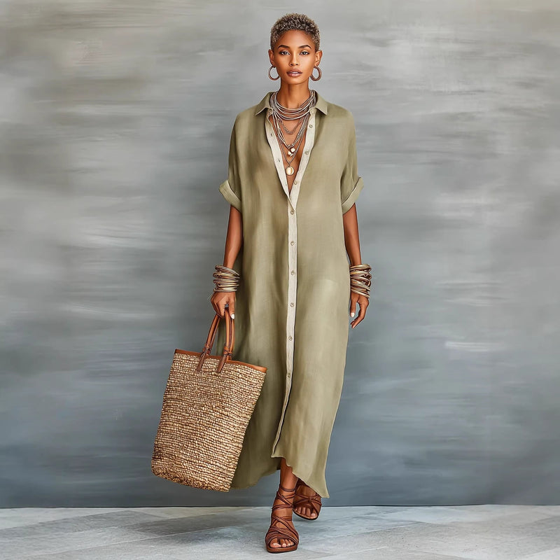 Women’s Summer Short-Sleeve Shirt Dress – Lapel Collar Button-Front Maxi Dress-8