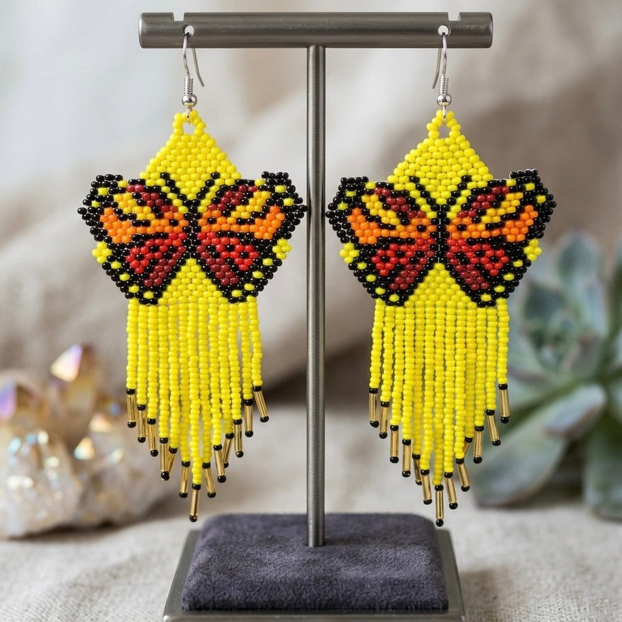 Yellow Beaded Dancing Wing Earrings-3