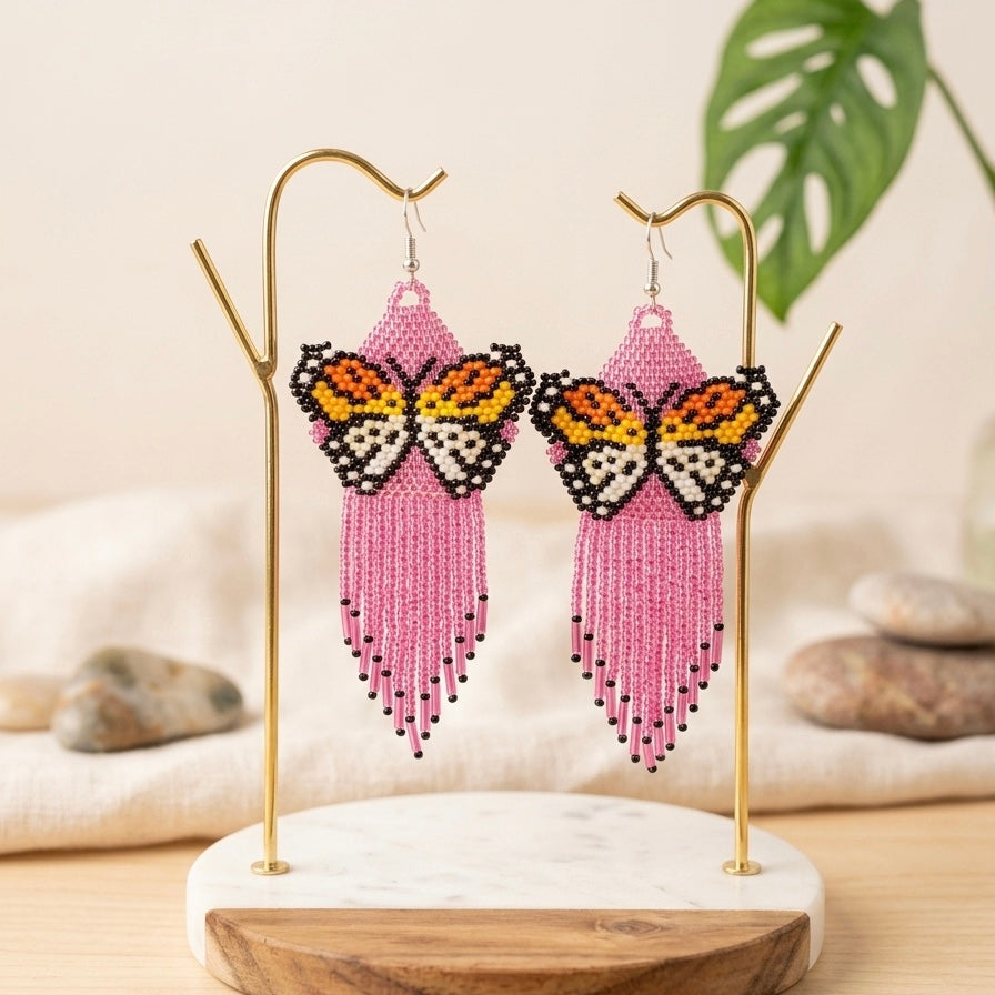 Pink / purple bead Dancing Wing Earrings-1