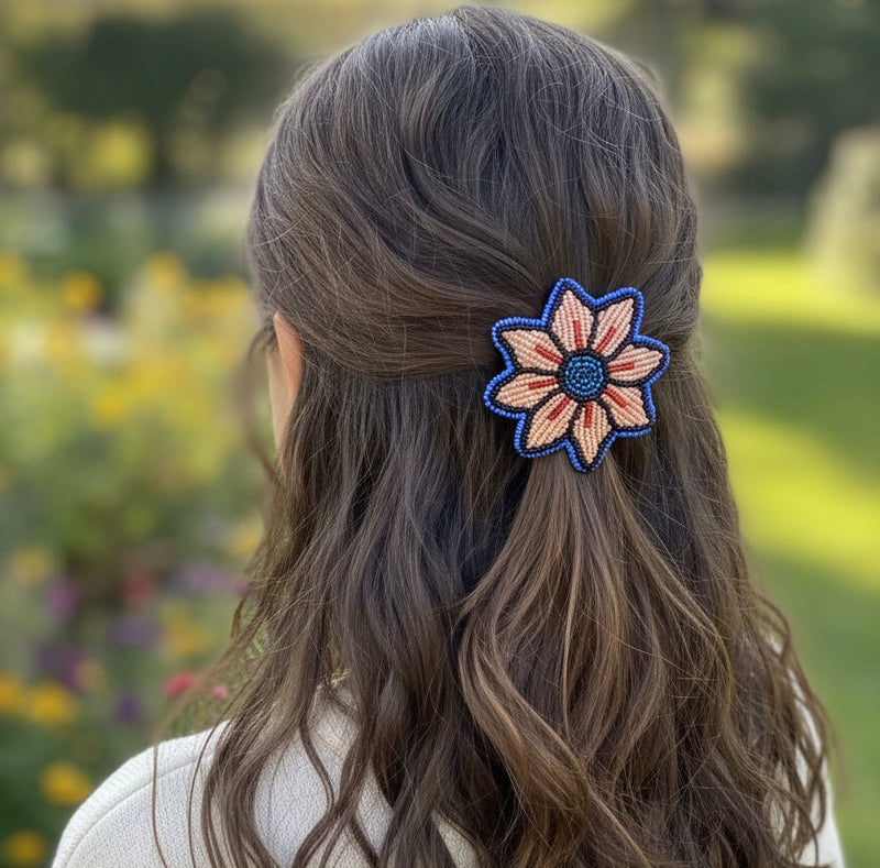 Peach Beaded Flower Barrette-2