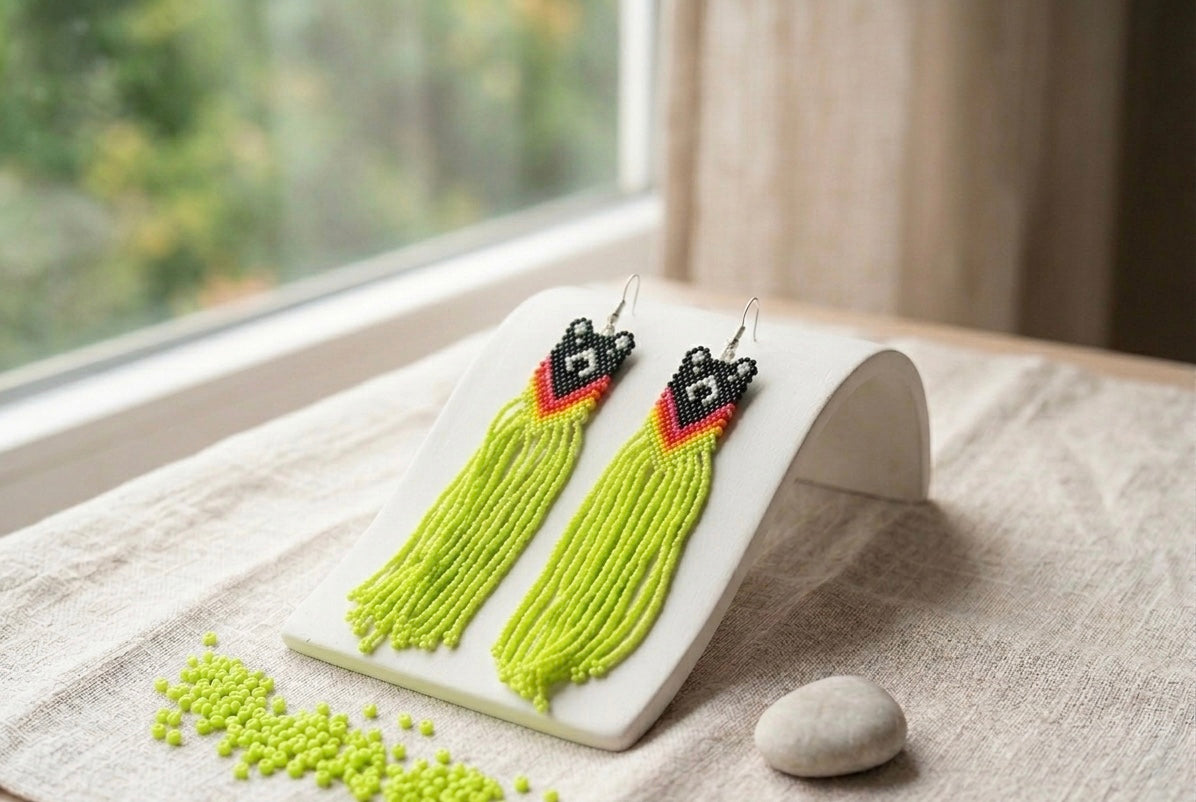 Green- Yellow Native Bear Beaded Earrings-1