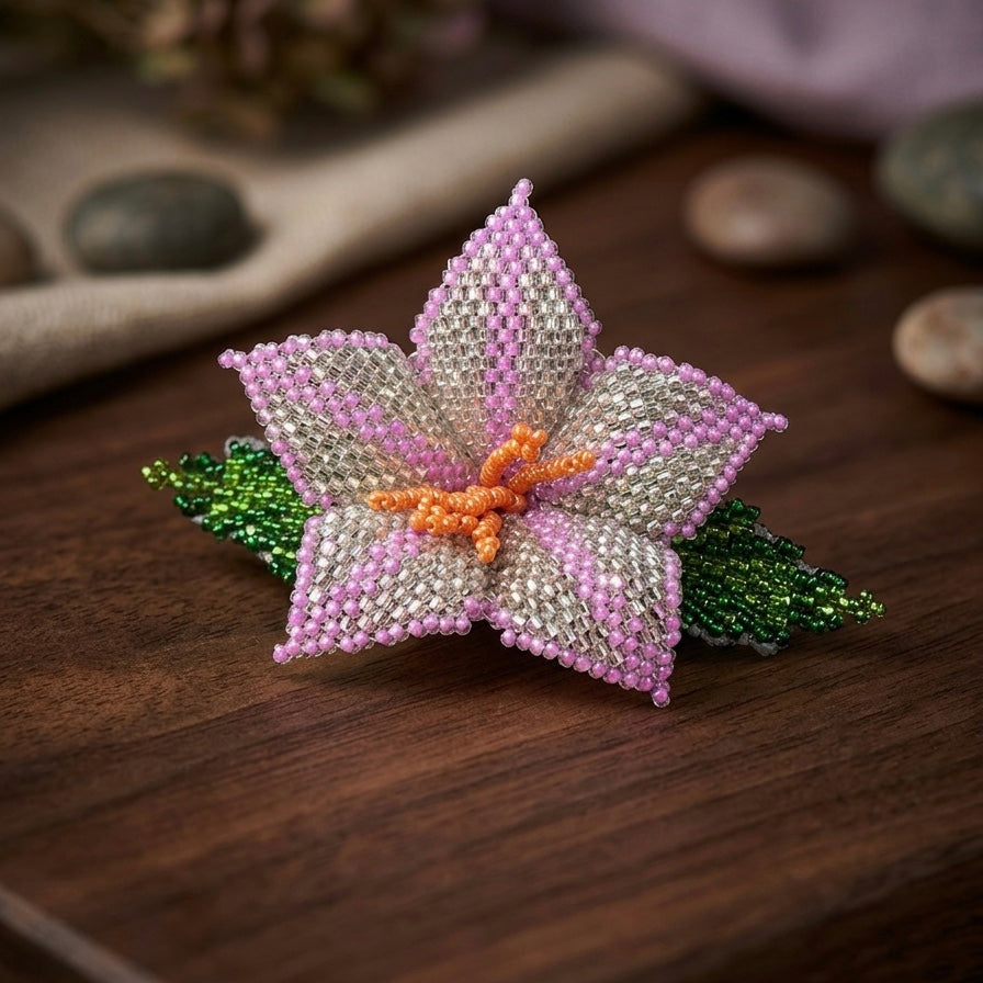 Pink Ember Bloom Beaded Hair Barrette-2