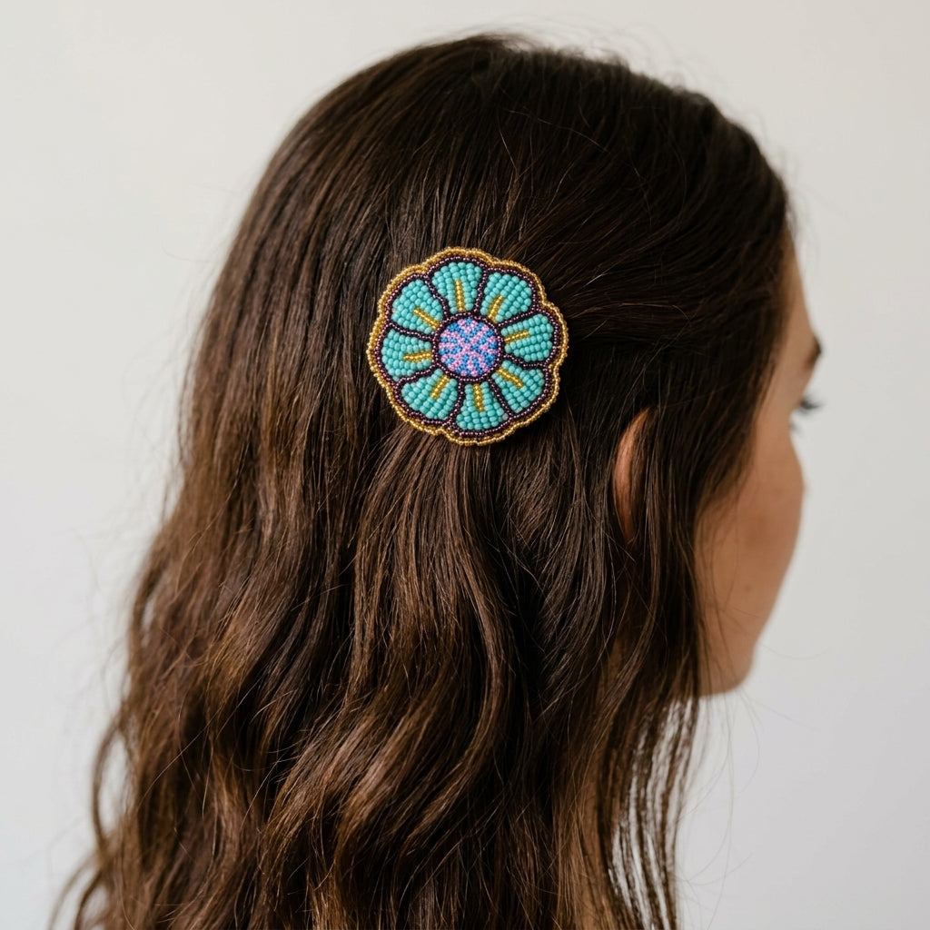 Turquoise Beaded Flower Barrette-3