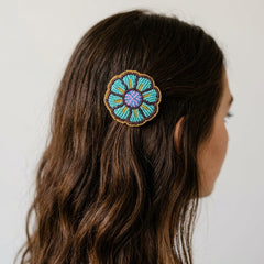 Turquoise Beaded Flower Barrette-3
