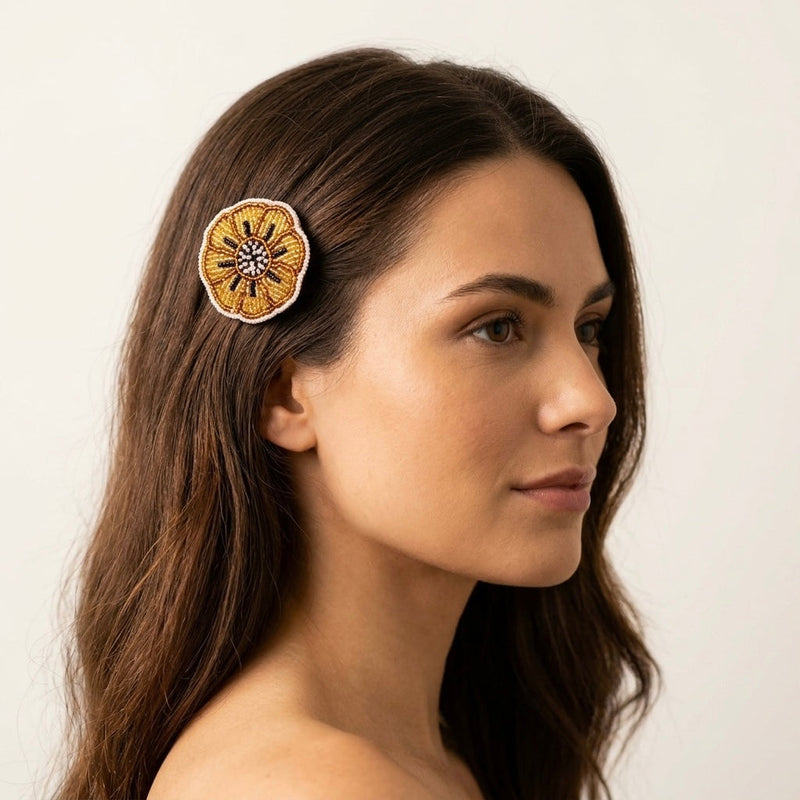 Golden Beaded Flower Barrette-7