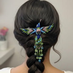 Blue and green Hummingbird Barrette with Fringes-1