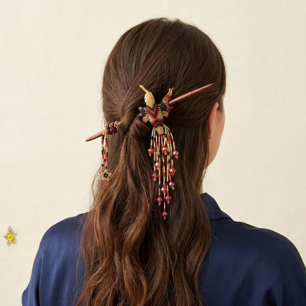 Red & Black Hummingbird Beaded Hair Stick-5