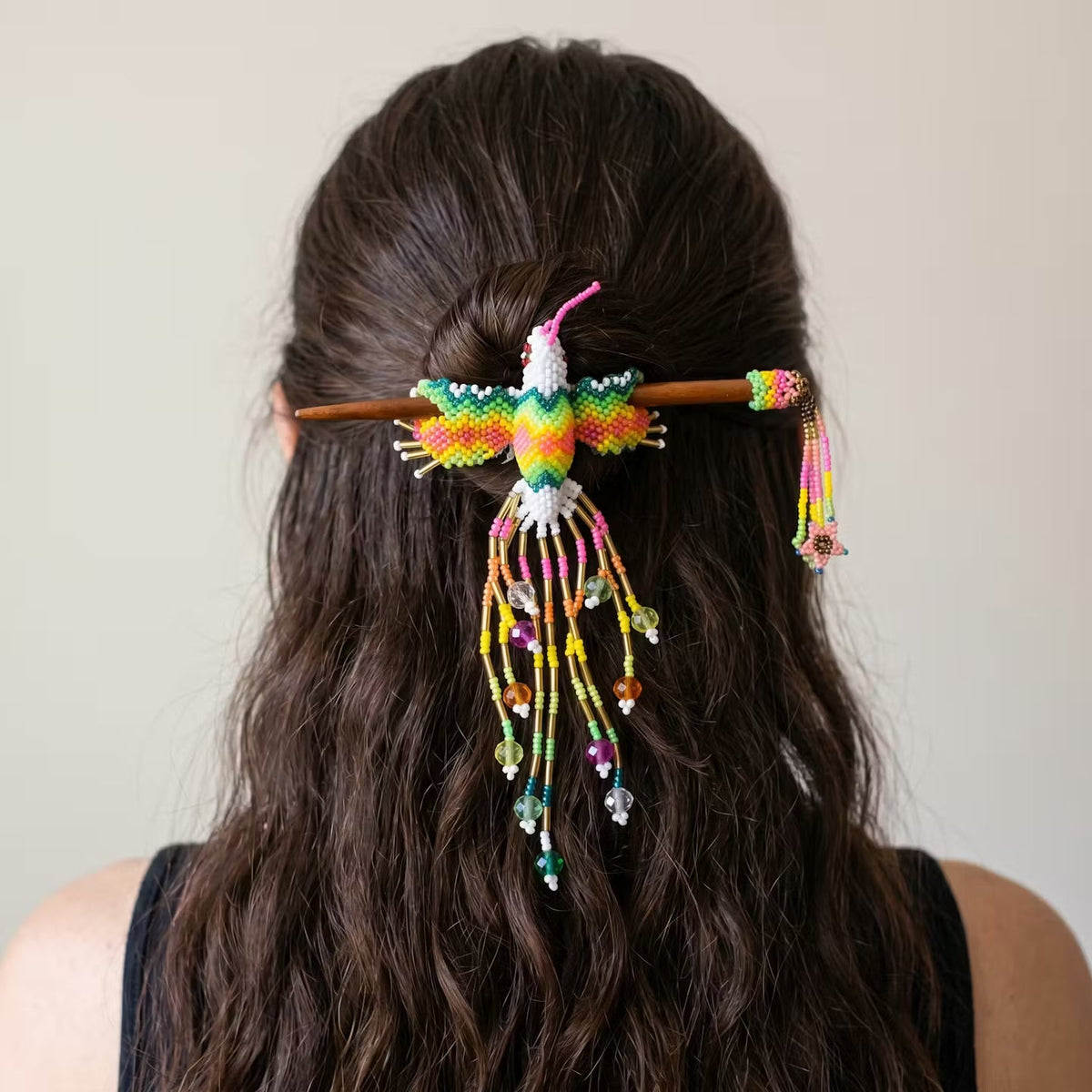White Hummingbird Beaded Hair Stick-3