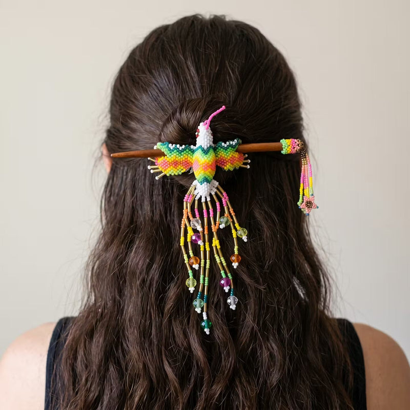 White Hummingbird Beaded Hair Stick-3