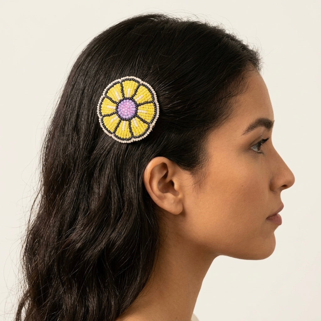 Yellow Beaded Flower Barrette-2