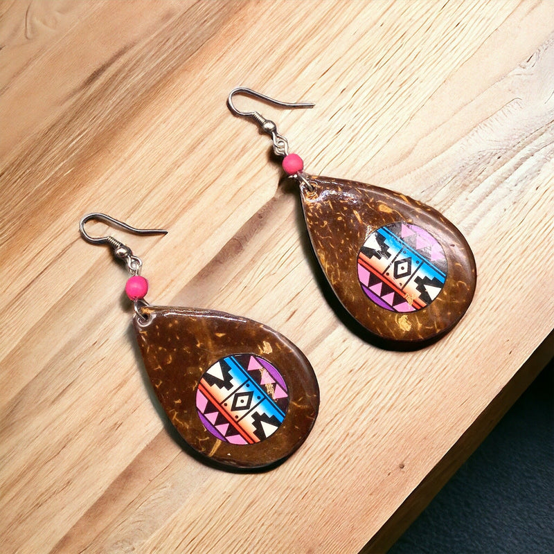Wood Painted PInk and Purple Round Earrings-2