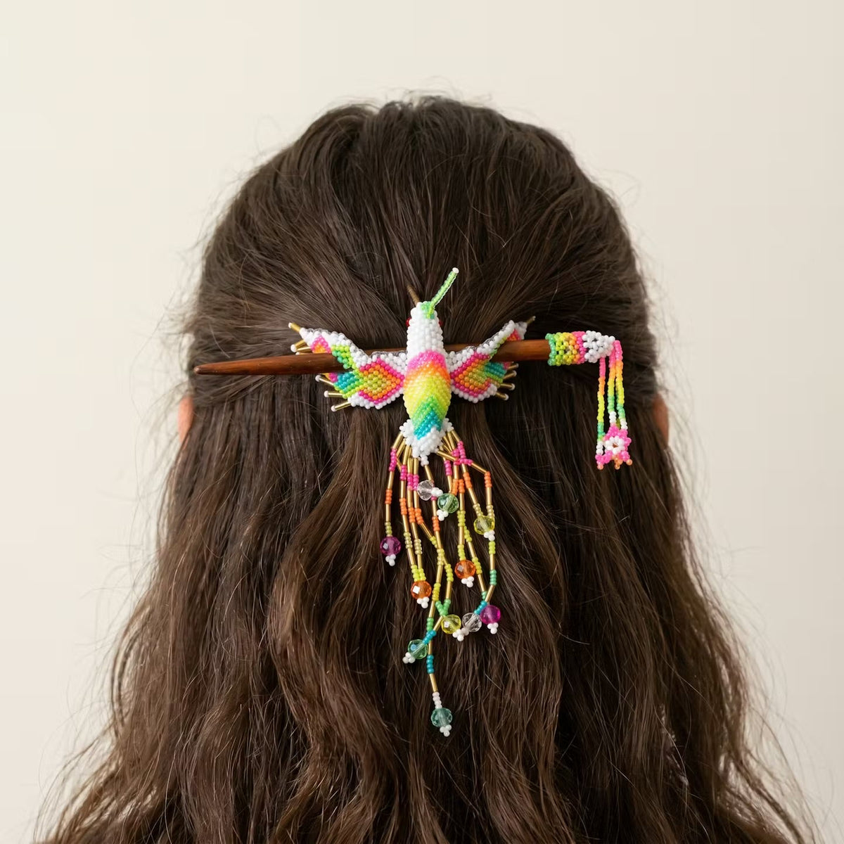 White Hummingbird Beaded Hair Stick-5