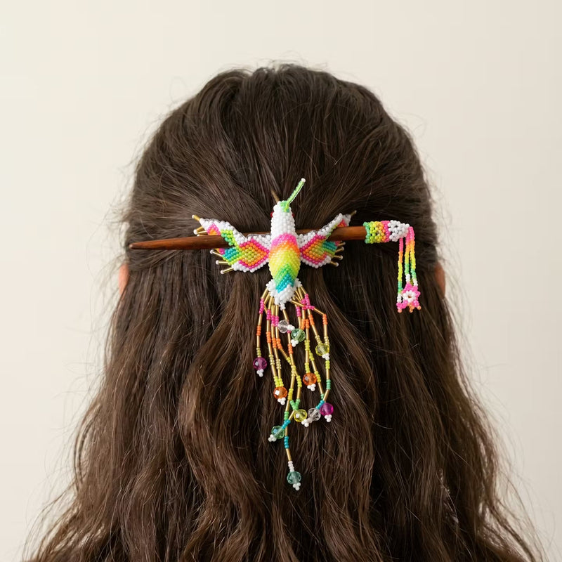 White Hummingbird Beaded Hair Stick-5