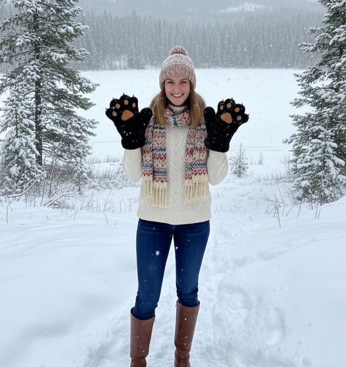 Black Soft Plush Bear Paw Gloves-1