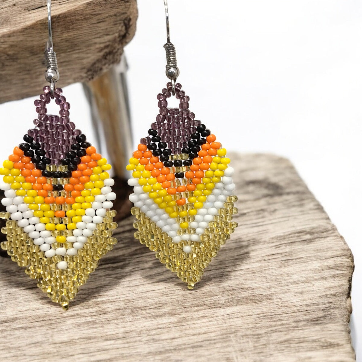 Gold and blackberry Beaded Feather Drop Earrings