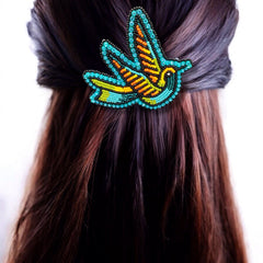 Turquoise and Orange Beaded Hummingbird Barrette-1
