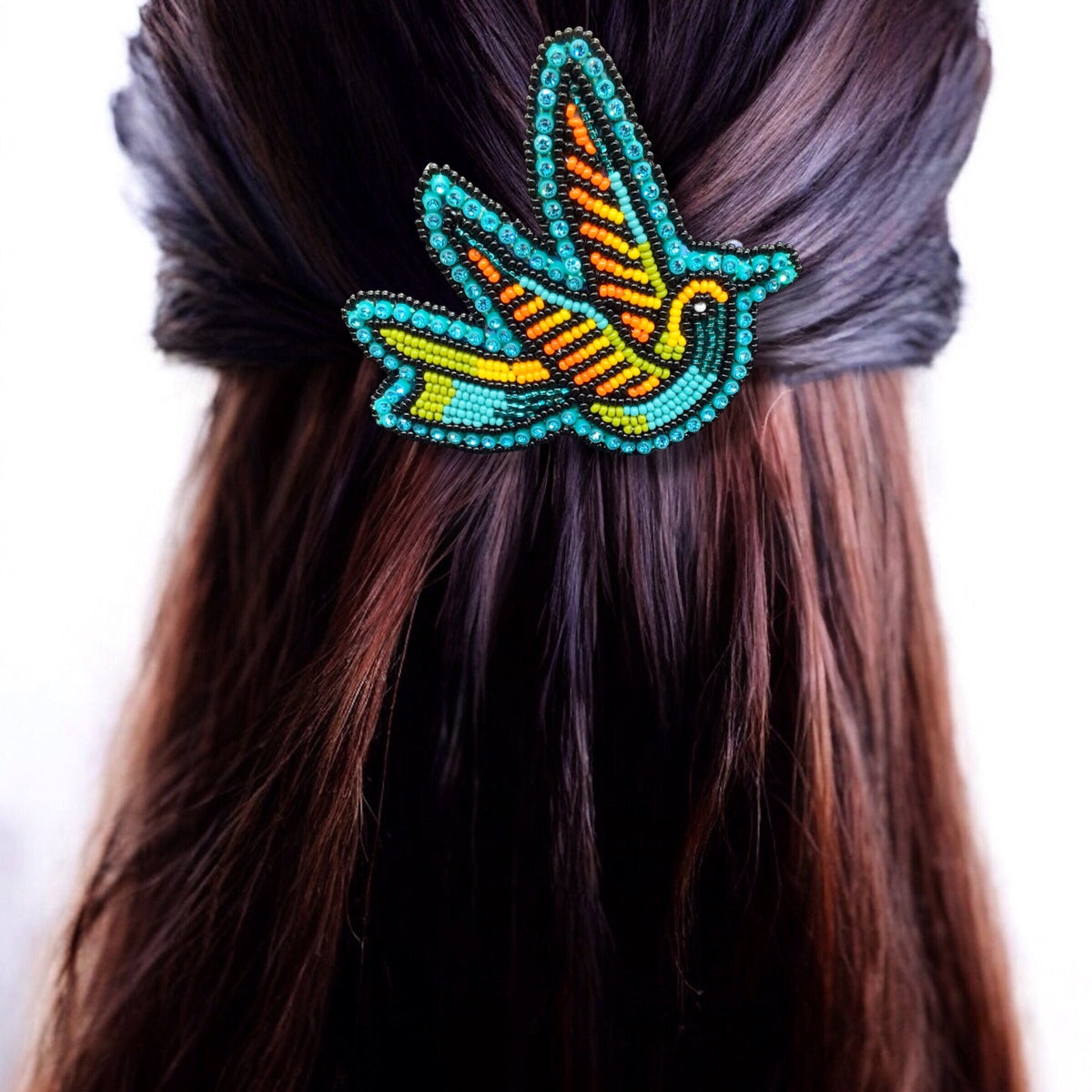 Turquoise and Orange Beaded Hummingbird Barrette