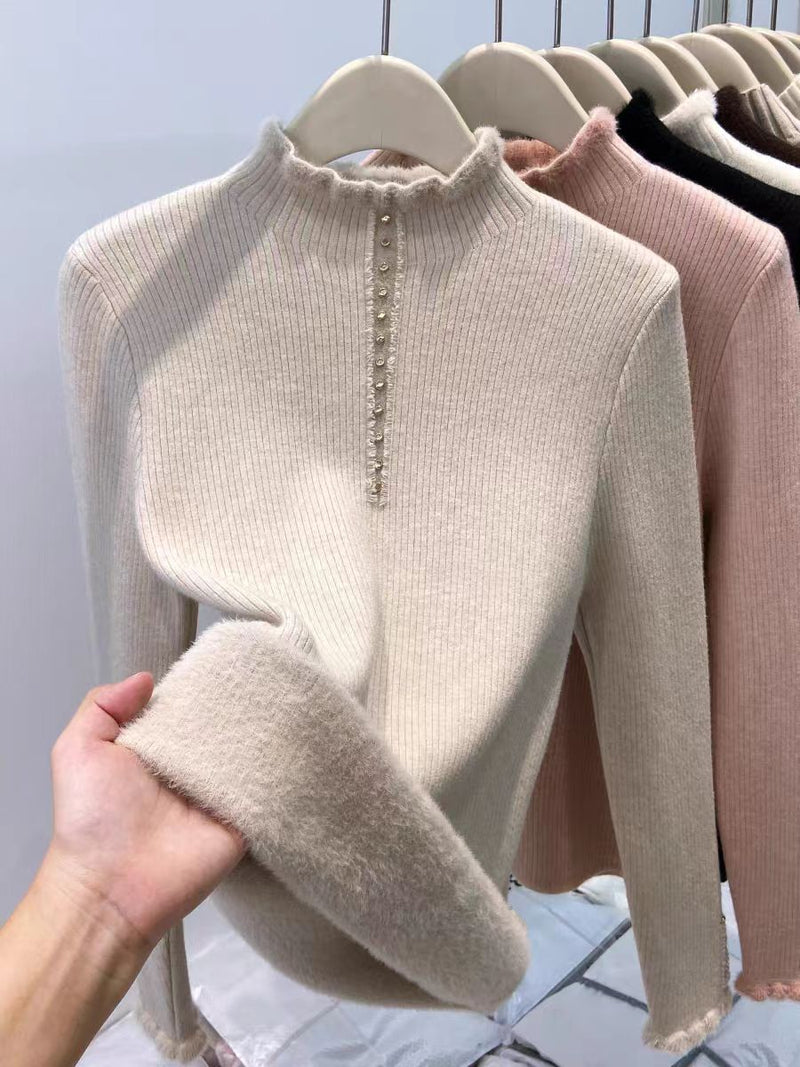 Women’s Fleece-Lined Mock Neck Thermal Top – Oversized One-Piece Pullover for Fall & Winter-8