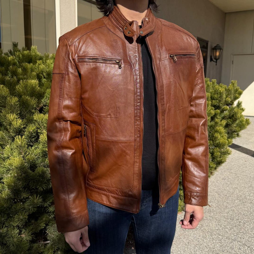 BOL Men’s Snap Collar Leather Racer Jacket. Genuine Sheep Leather Cafe Racer with 4 Zip Pockets-1