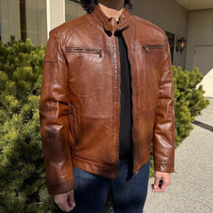 BOL Men’s Snap Collar Leather Racer Jacket. Genuine Sheep Leather Cafe Racer with 4 Zip Pockets-1