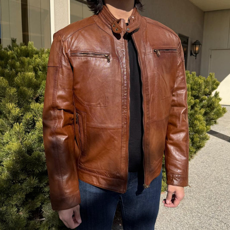 BOL Men’s Snap Collar Leather Racer Jacket. Genuine Sheep Leather Cafe Racer with 4 Zip Pockets-1