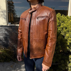 BOL Men’s Snap Collar Leather Racer Jacket. Genuine Sheep Leather Cafe Racer with 4 Zip Pockets-3
