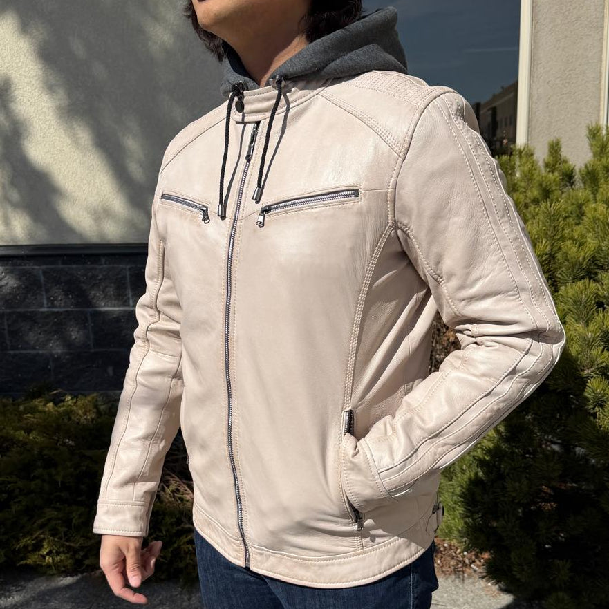 Men’s Hooded Leather Jacket. Sheep Leather Jacket with Removable Hood-9