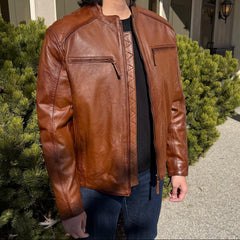 BOL Men's Racer Leather Jacket. Tan Sheep Oily Leather Moto Jacket-2