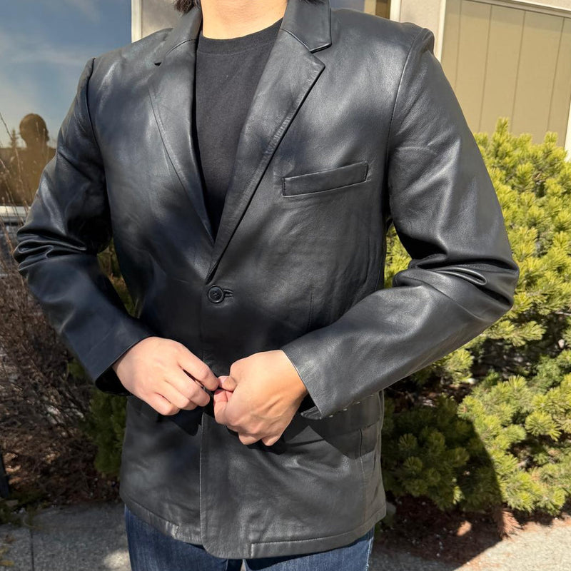 BOL Men’s Black Leather Blazer. Premium Lambskin Leather Two-Button Notch Lapel Jacket-3