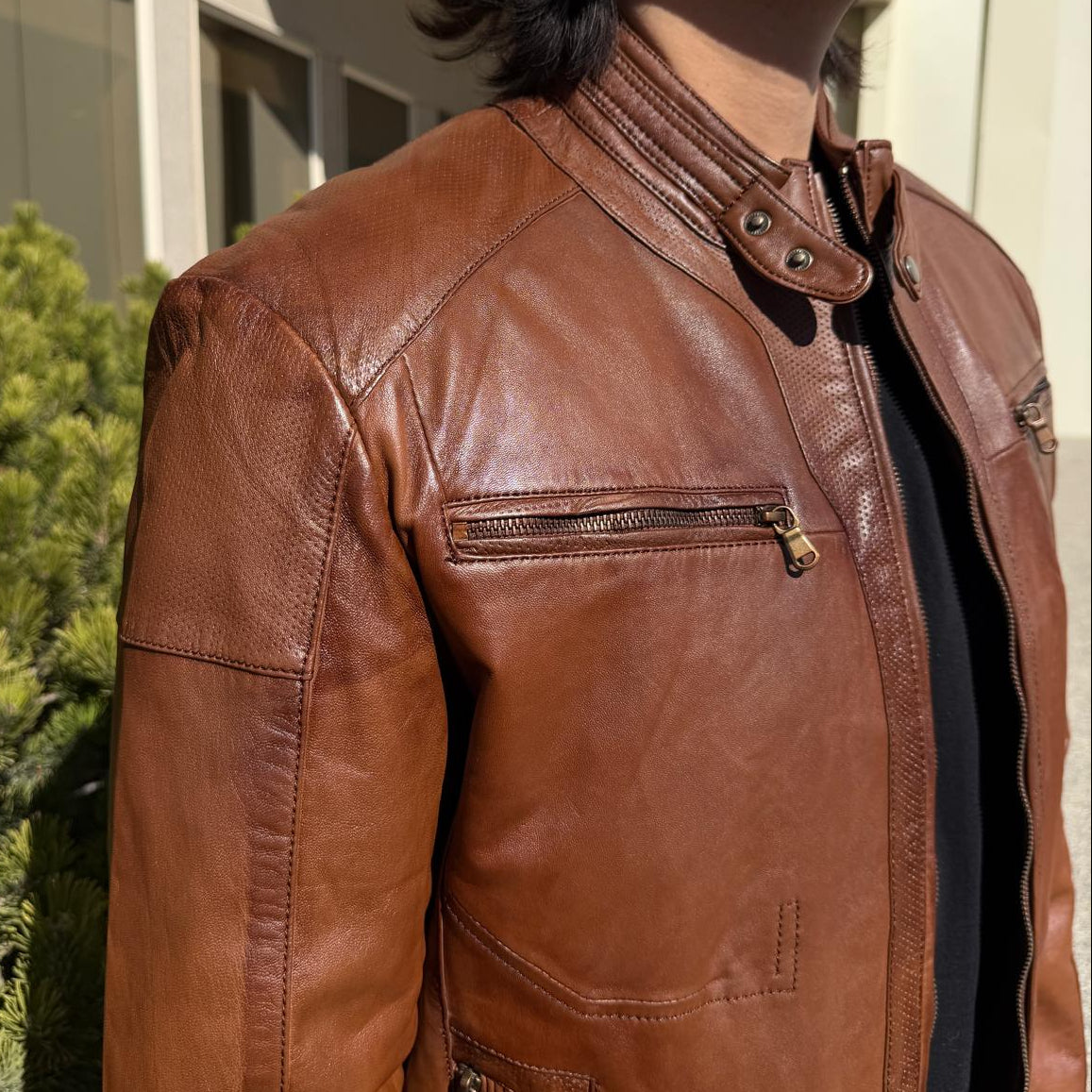 BOL Men’s Snap Collar Leather Racer Jacket. Genuine Sheep Leather Cafe Racer with 4 Zip Pockets-4