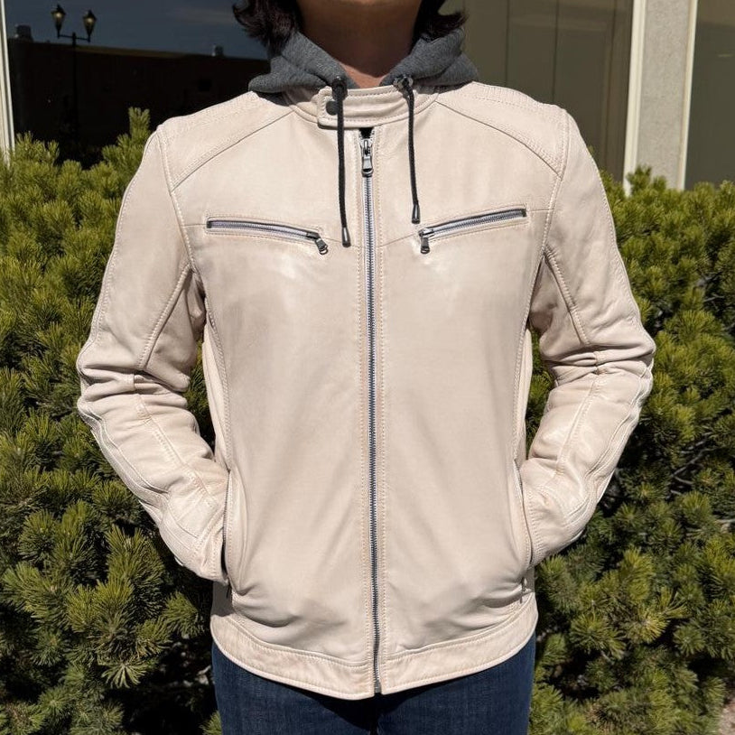 Men’s Hooded Leather Jacket. Sheep Leather Jacket with Removable Hood-6