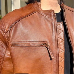 BOL Men's Racer Leather Jacket. Tan Sheep Oily Leather Moto Jacket-4