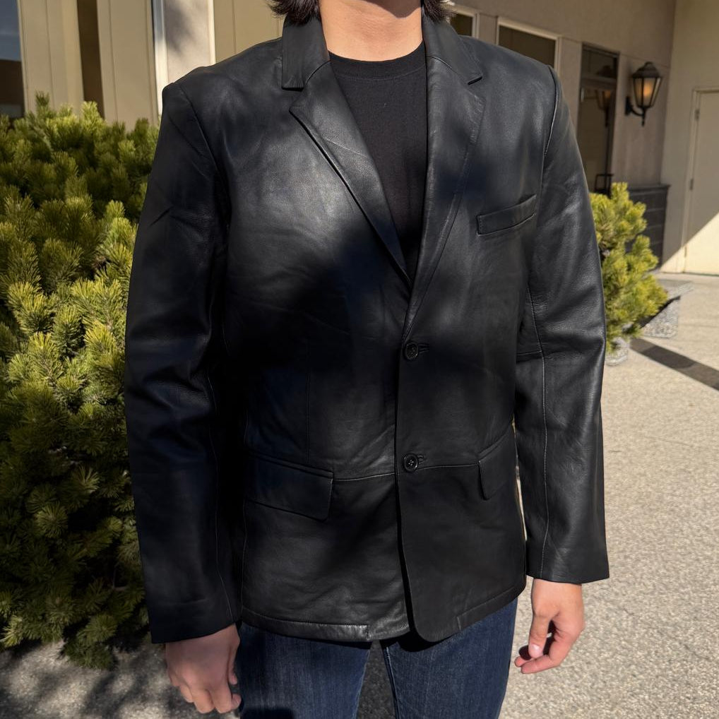 BOL Men’s Black Leather Blazer. Premium Lambskin Leather Two-Button Notch Lapel Jacket-4