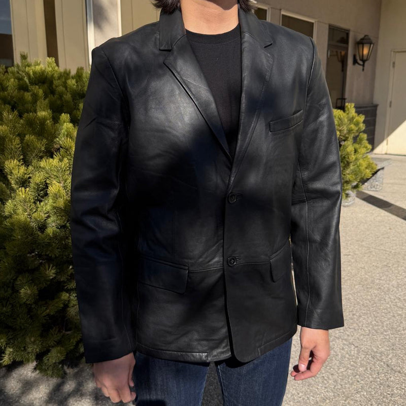 BOL Men’s Black Leather Blazer. Premium Lambskin Leather Two-Button Notch Lapel Jacket-4