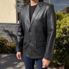 BOL Men’s Black Leather Blazer. Premium Lambskin Leather Two-Button Notch Lapel Jacket-8