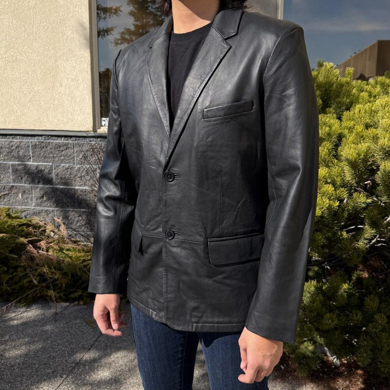 BOL Men’s Black Leather Blazer. Premium Lambskin Leather Two-Button Notch Lapel Jacket-8