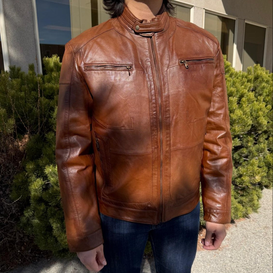BOL Men’s Snap Collar Leather Racer Jacket. Genuine Sheep Leather Cafe Racer with 4 Zip Pockets-12