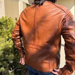 BOL Men's Racer Leather Jacket. Tan Sheep Oily Leather Moto Jacket-3