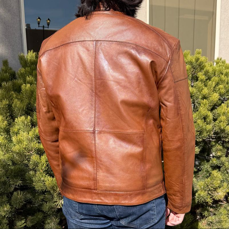 BOL Men’s Snap Collar Leather Racer Jacket. Genuine Sheep Leather Cafe Racer with 4 Zip Pockets-2