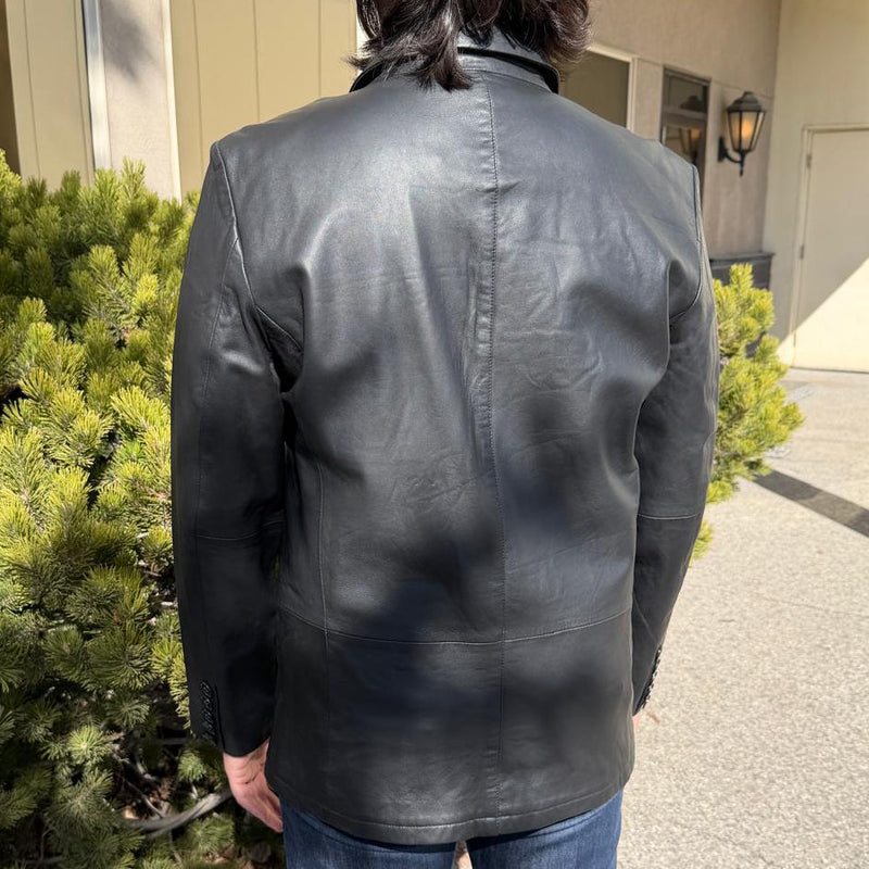BOL Men’s Black Leather Blazer. Premium Lambskin Leather Two-Button Notch Lapel Jacket-2