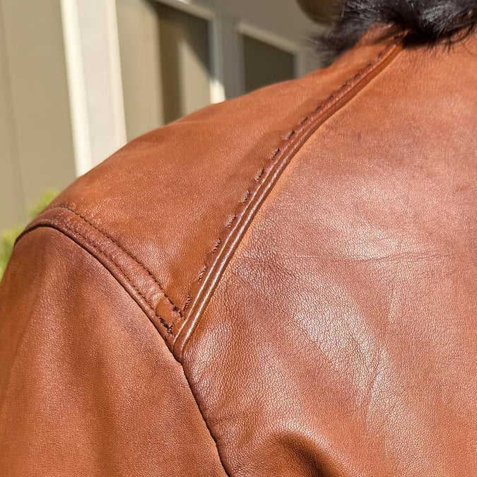 BOL Men's Racer Leather Jacket. Tan Sheep Oily Leather Moto Jacket-7