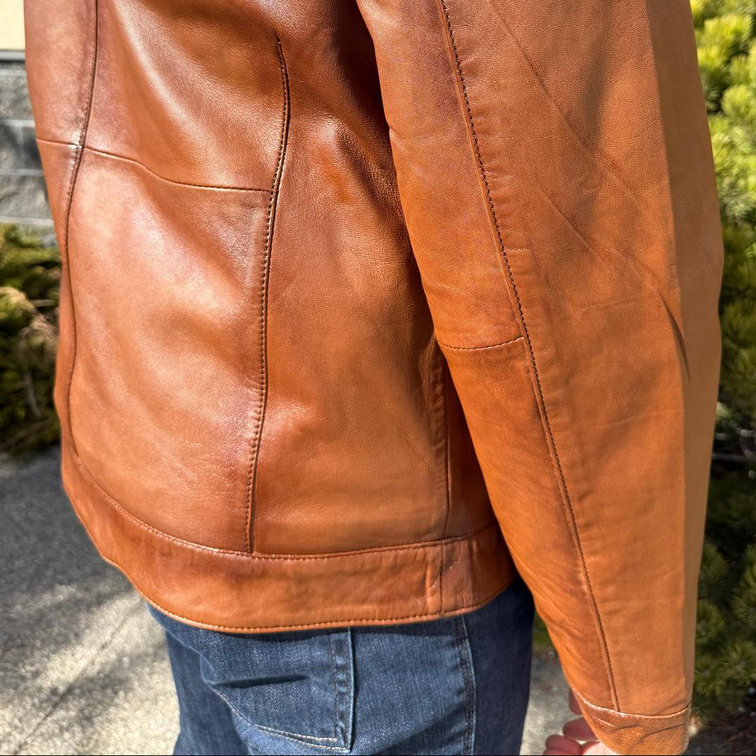 BOL Men’s Snap Collar Leather Racer Jacket. Genuine Sheep Leather Cafe Racer with 4 Zip Pockets-8