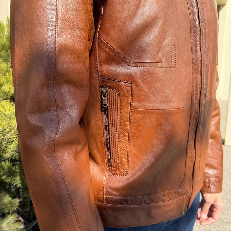 BOL Men’s Snap Collar Leather Racer Jacket. Genuine Sheep Leather Cafe Racer with 4 Zip Pockets-11