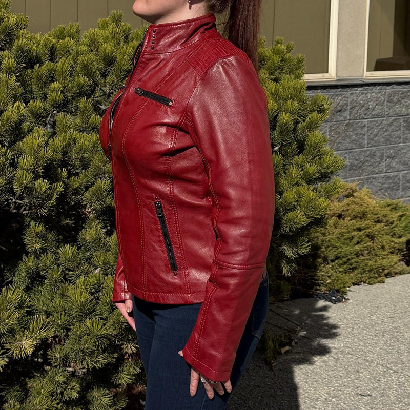 Women's Classic Sheep Leather Jacket. Standing Collar with Studs, 4 Zippered Pockets & Shoulder Accent Stitching-3