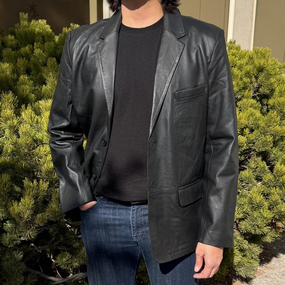 BOL Men’s Black Leather Blazer. Premium Lambskin Leather Two-Button Notch Lapel Jacket-1