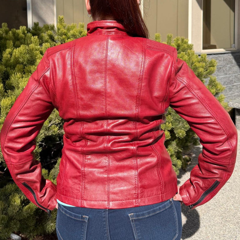 Women's Classic Sheep Leather Jacket. Standing Collar with Studs, 4 Zippered Pockets & Shoulder Accent Stitching-4