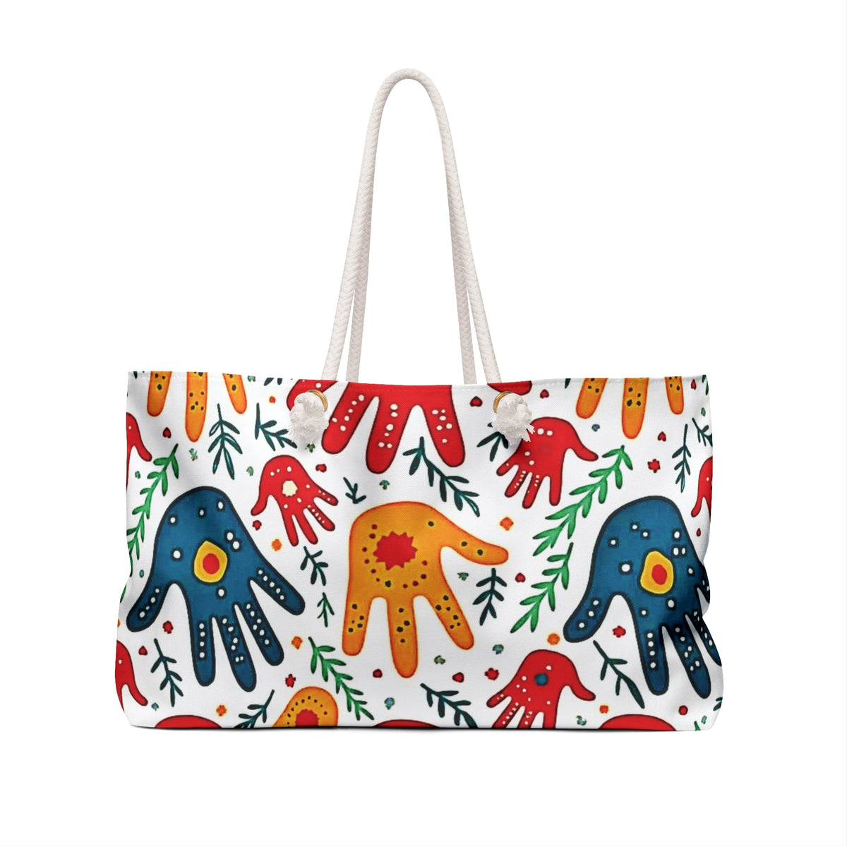 Colorful Handprint Weekender Bag - Boho Palm Print Travel Tote-5