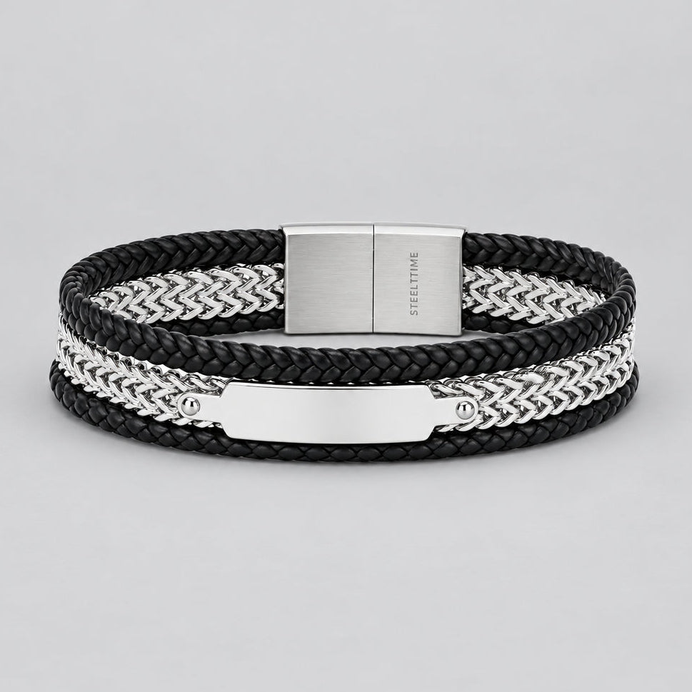 Men's Steel Biker Bracelet. Black Leather Braided Chain Multi-Layer Magnetic Clasp-1
