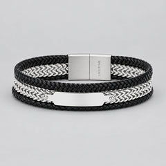 Men's Steel Biker Bracelet. Black Leather Braided Chain Multi-Layer Magnetic Clasp-1