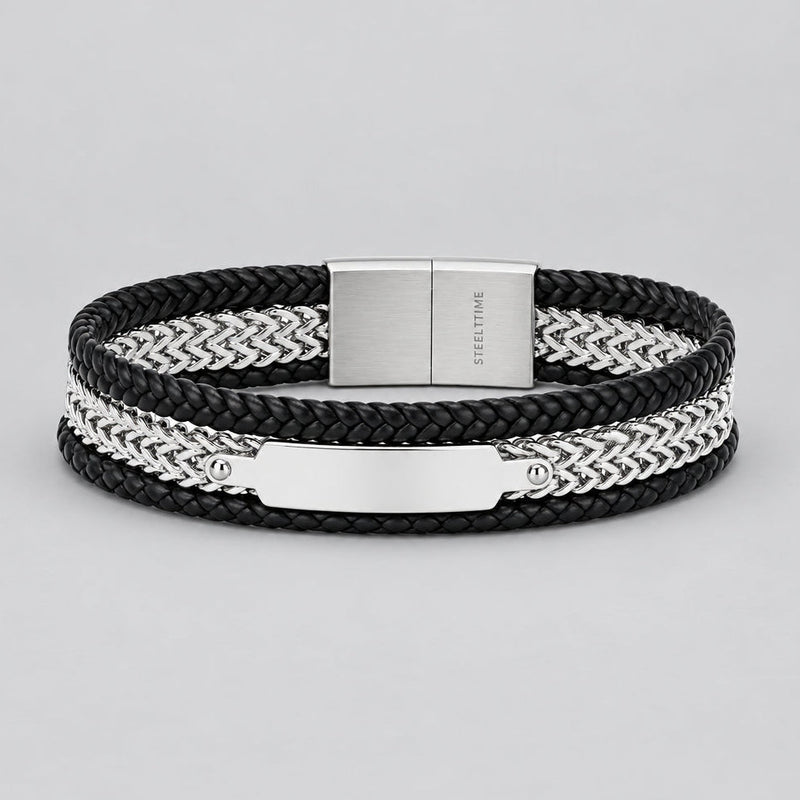 Men's Steel Biker Bracelet. Black Leather Braided Chain Multi-Layer Magnetic Clasp-1